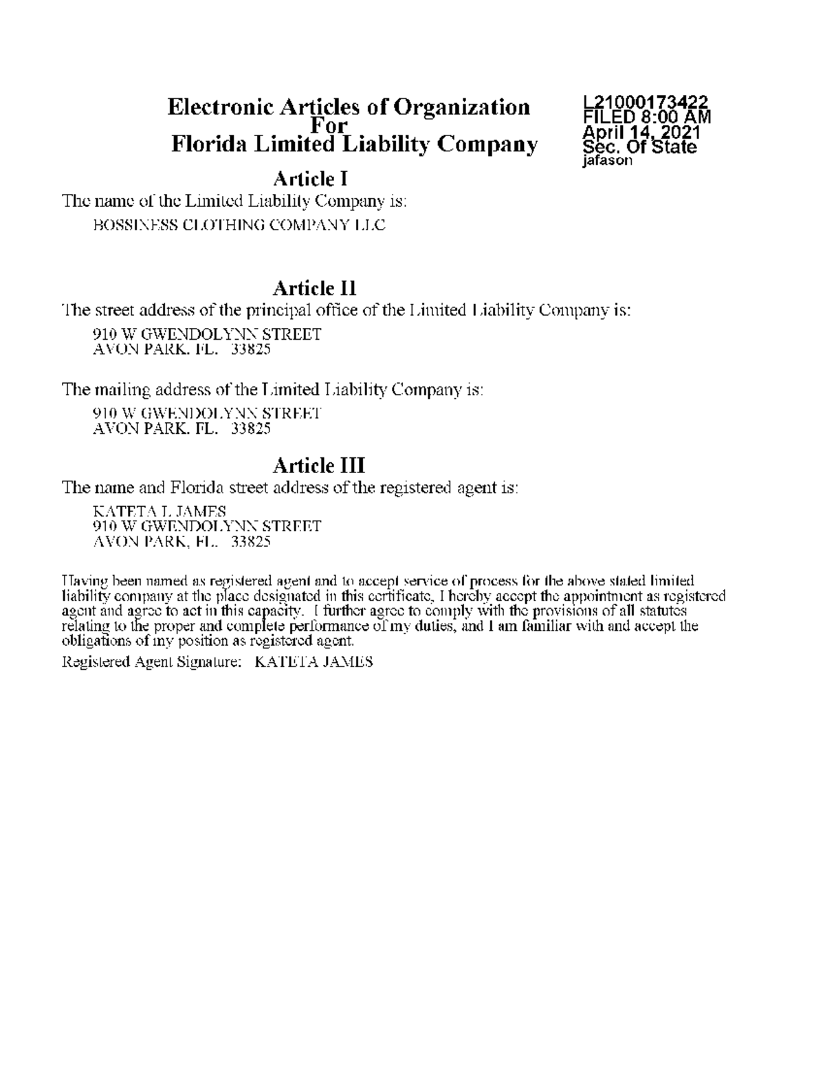 Electronic Articles of Organization for BOSSINESS CLOTHING CO LLC