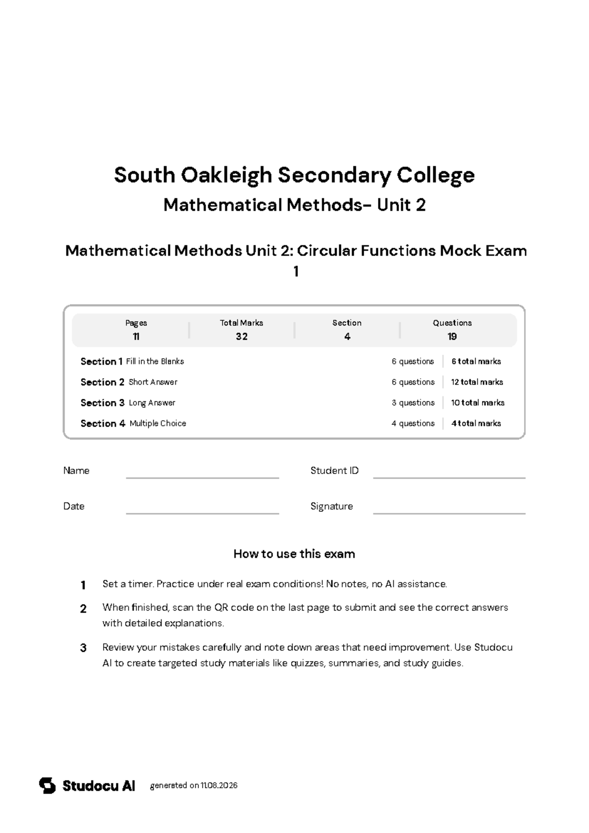 Mathematical Methods Unit 2: Circular Functions Mock Exam 1 - Studocu