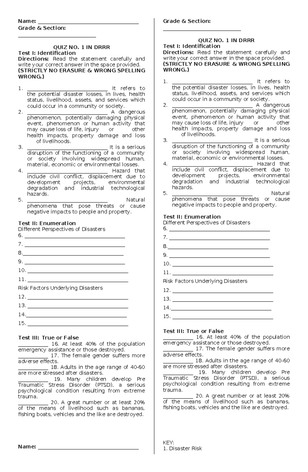 QUIZ 1 - Disaster Risk Reduction and Response (DRRR) - Studocu