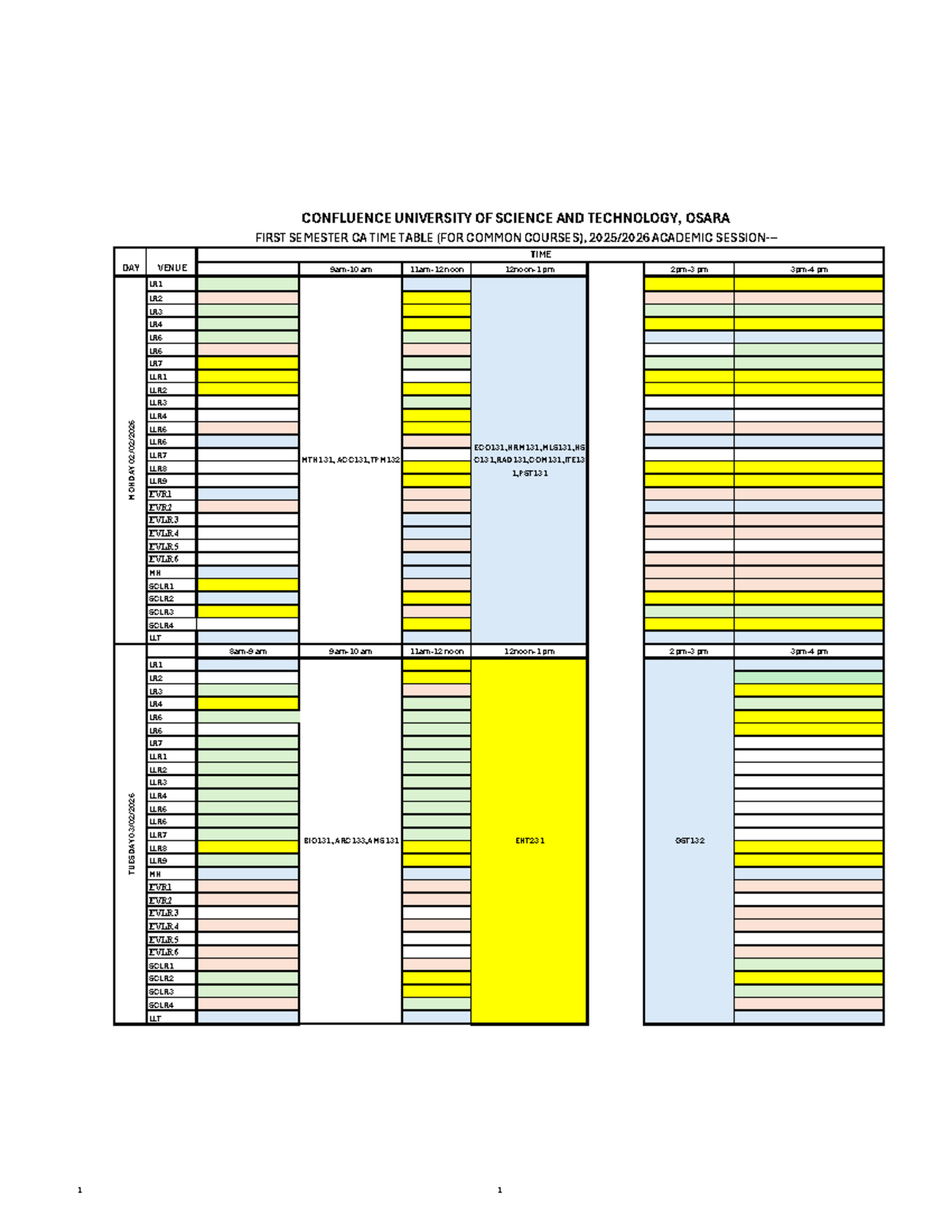 CONFLUENCE UNIVERSITY CA Timetable for Common Courses 2025/2026 - Studocu