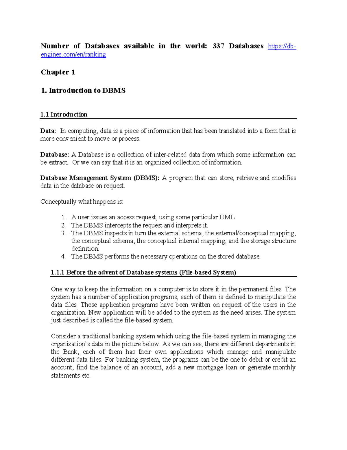 Introduction to DBMS - Chapter 1: Overview of Databases and DBMS - Studocu