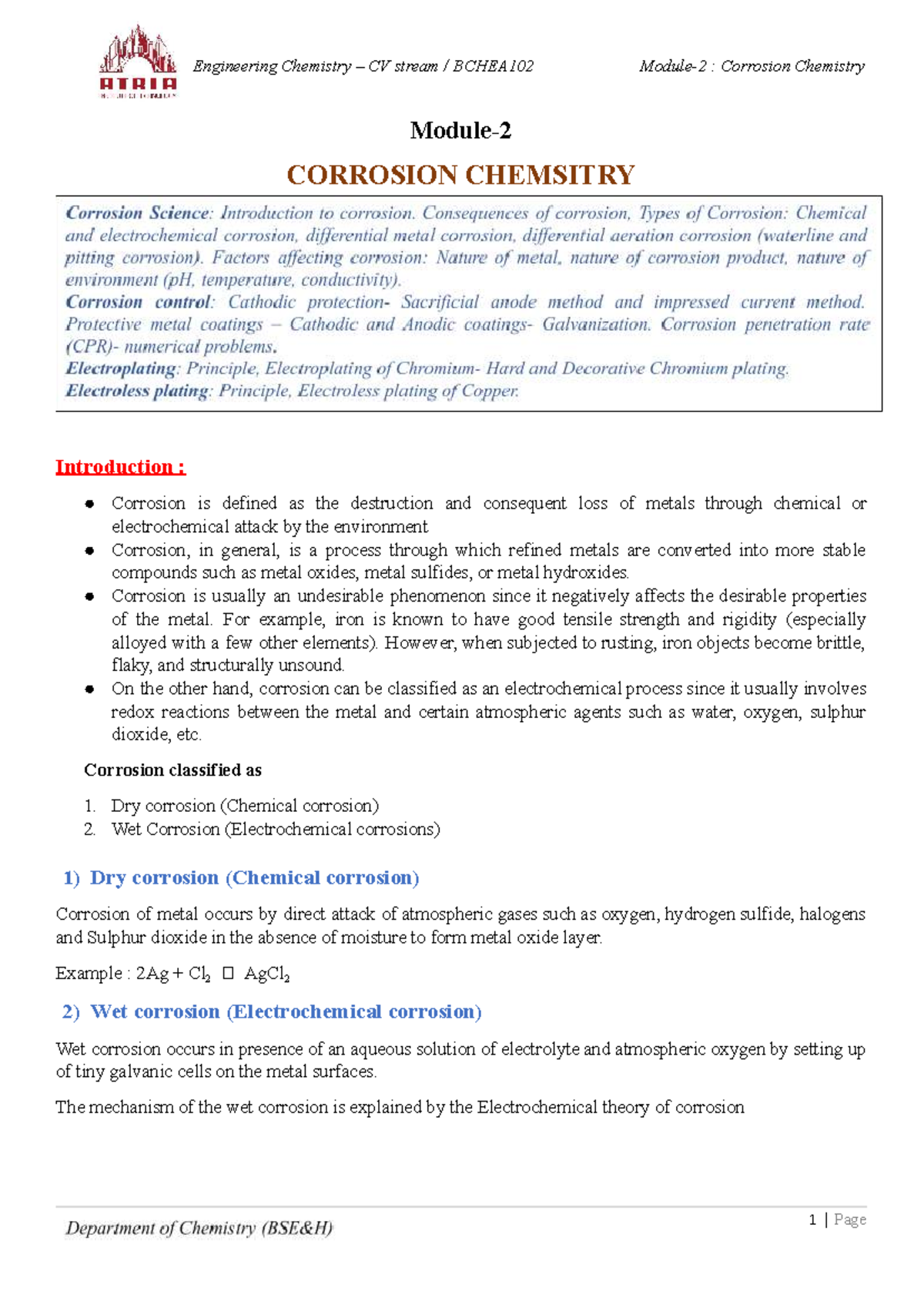 Engineering Chemistry CV stream BCHEA102: Corrosion Chemistry Overview ...
