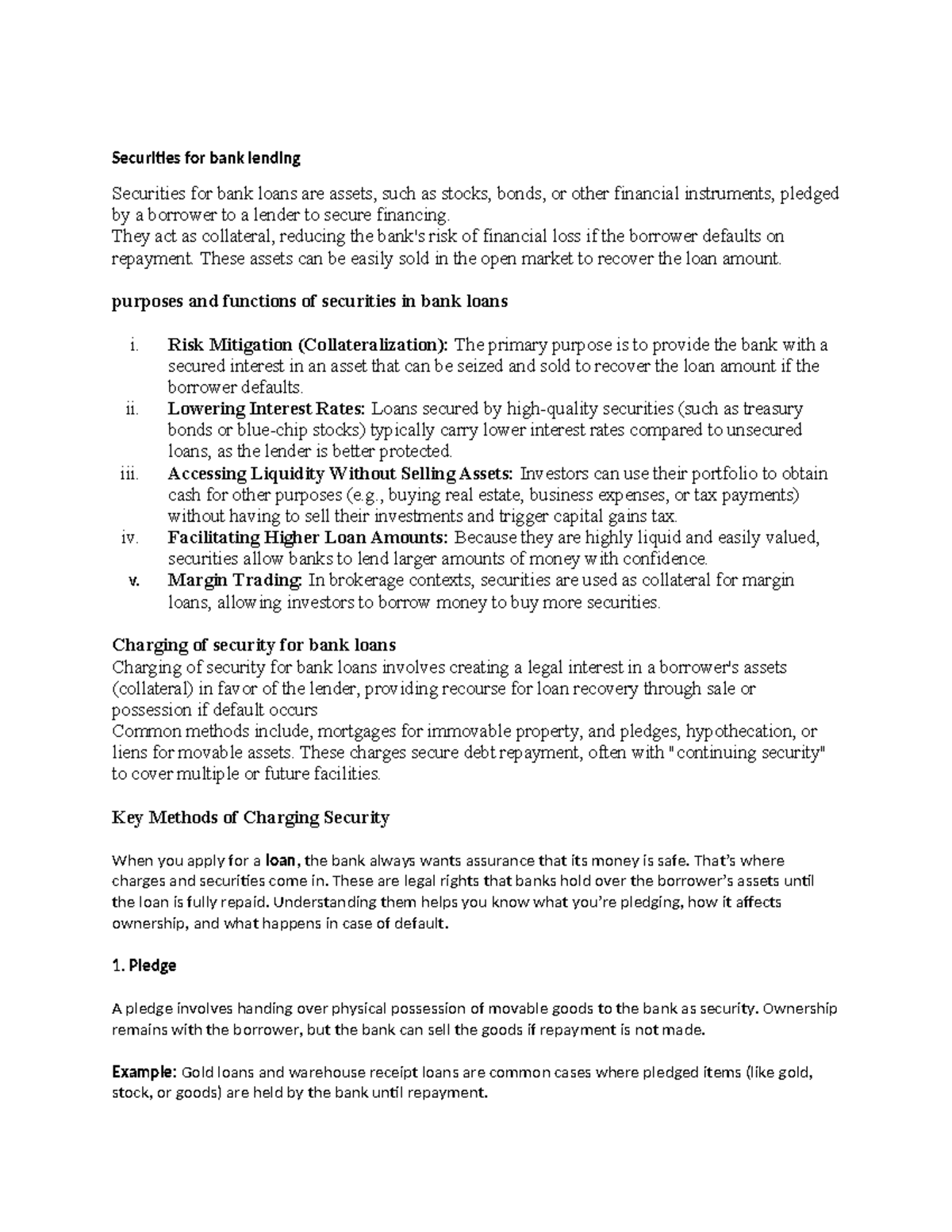 Securities in Bank Lending: Understanding Collateral and Methods - Studocu