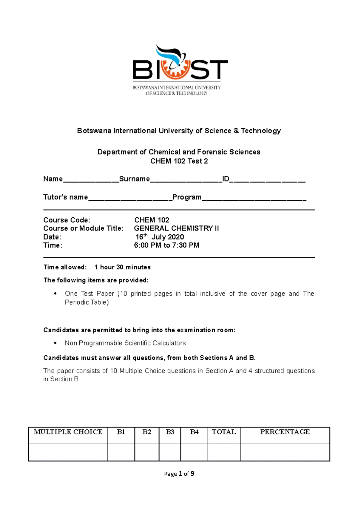 CHEM 102 TEST 1 - GENERAL CHEMISTRY II - MARCH 2023 - Studocu