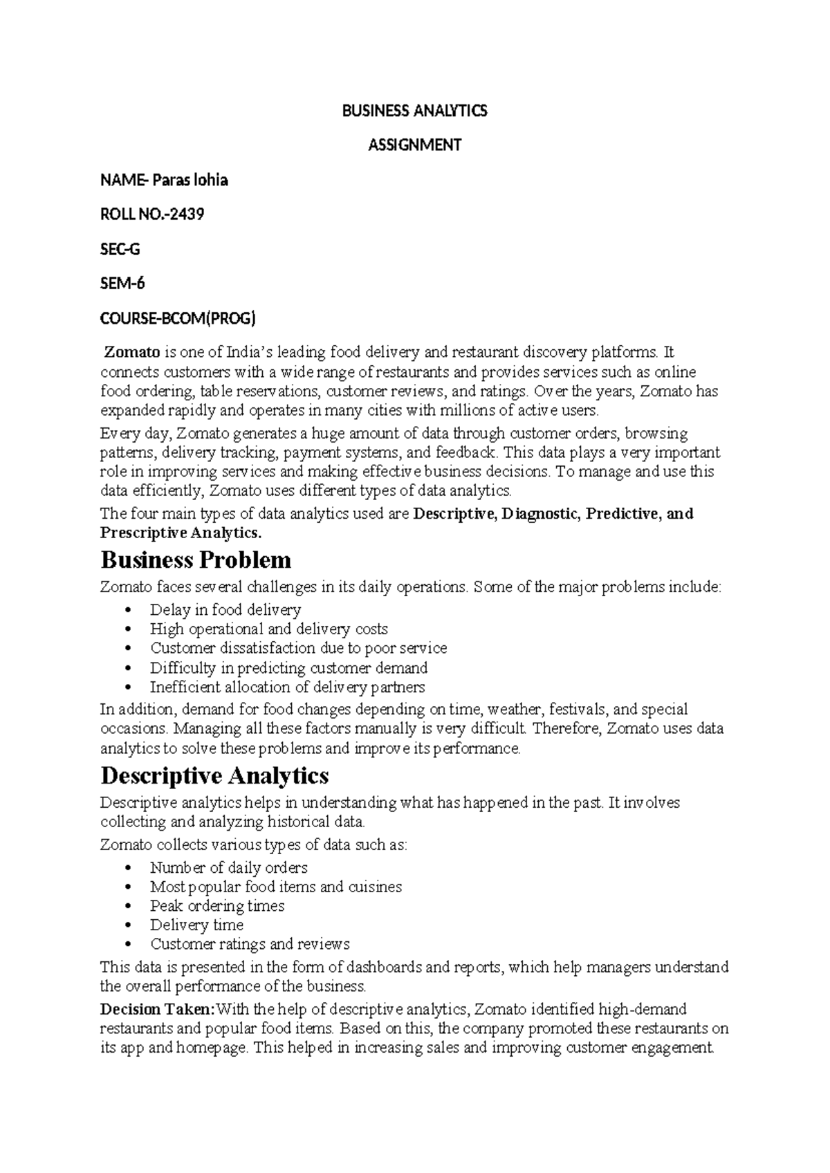 BA Assignment: Data Analytics in Zomato's Business Operations - Studocu