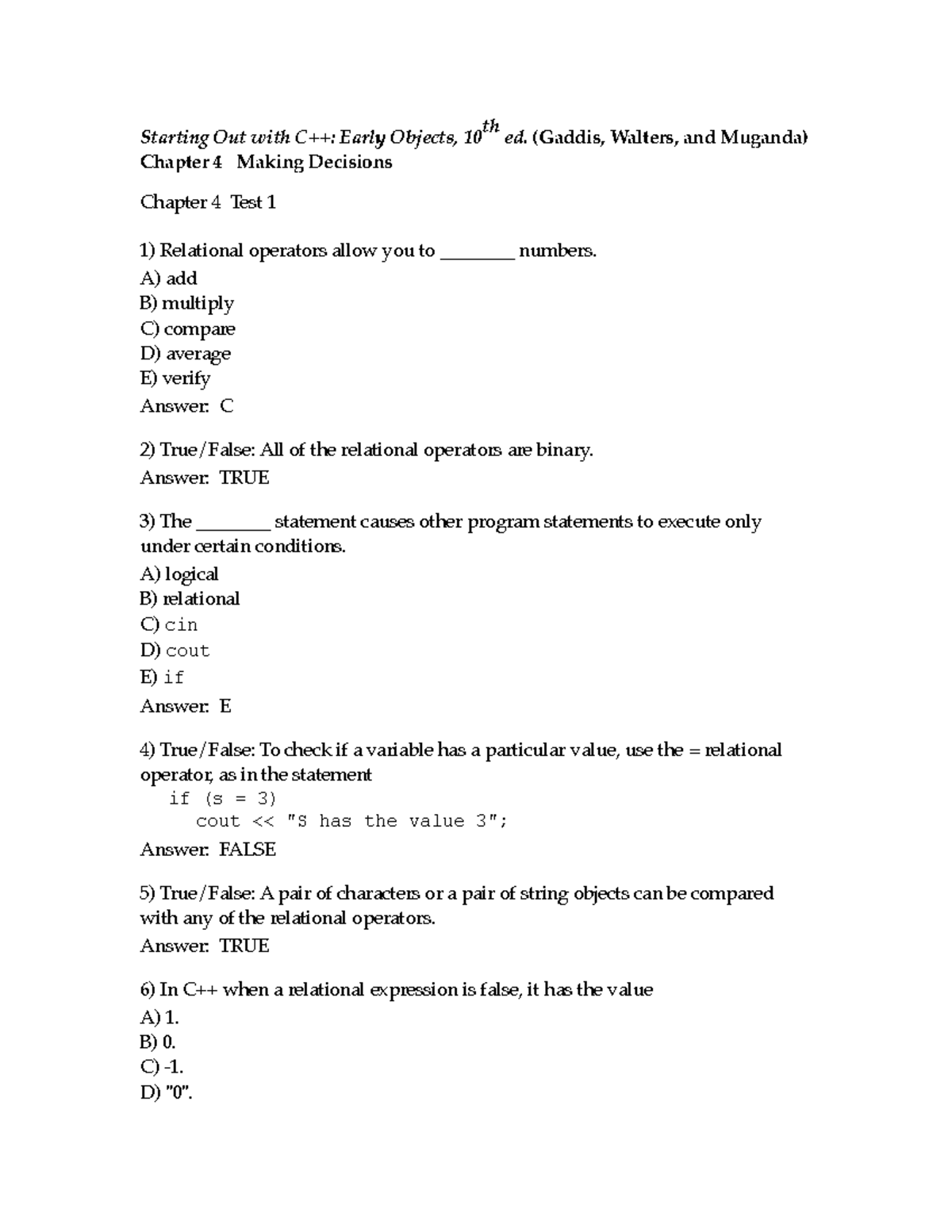 Chapter 4 Test: Decision Making in C++ (CS101) - Studocu