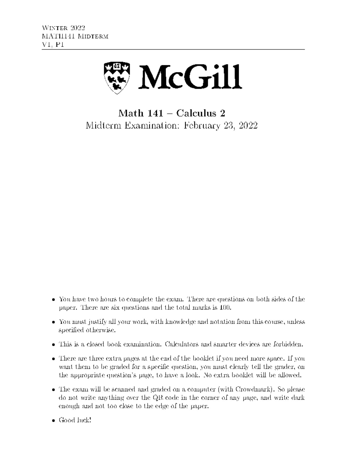 Winter 2022 MATH141 Midterm Exam V1: Calculus 2 Questions - Studocu