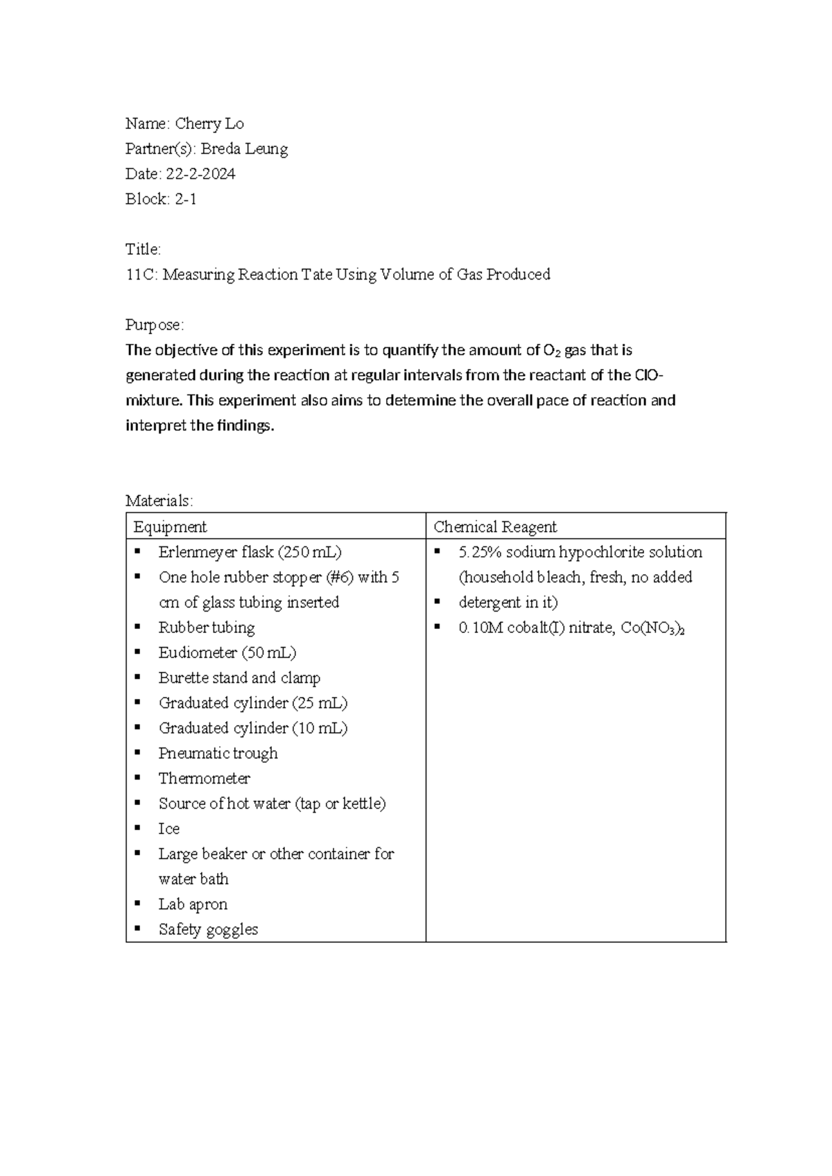 Lab 11C Report: Measuring O2 Gas Production in Reaction Rates - Studocu