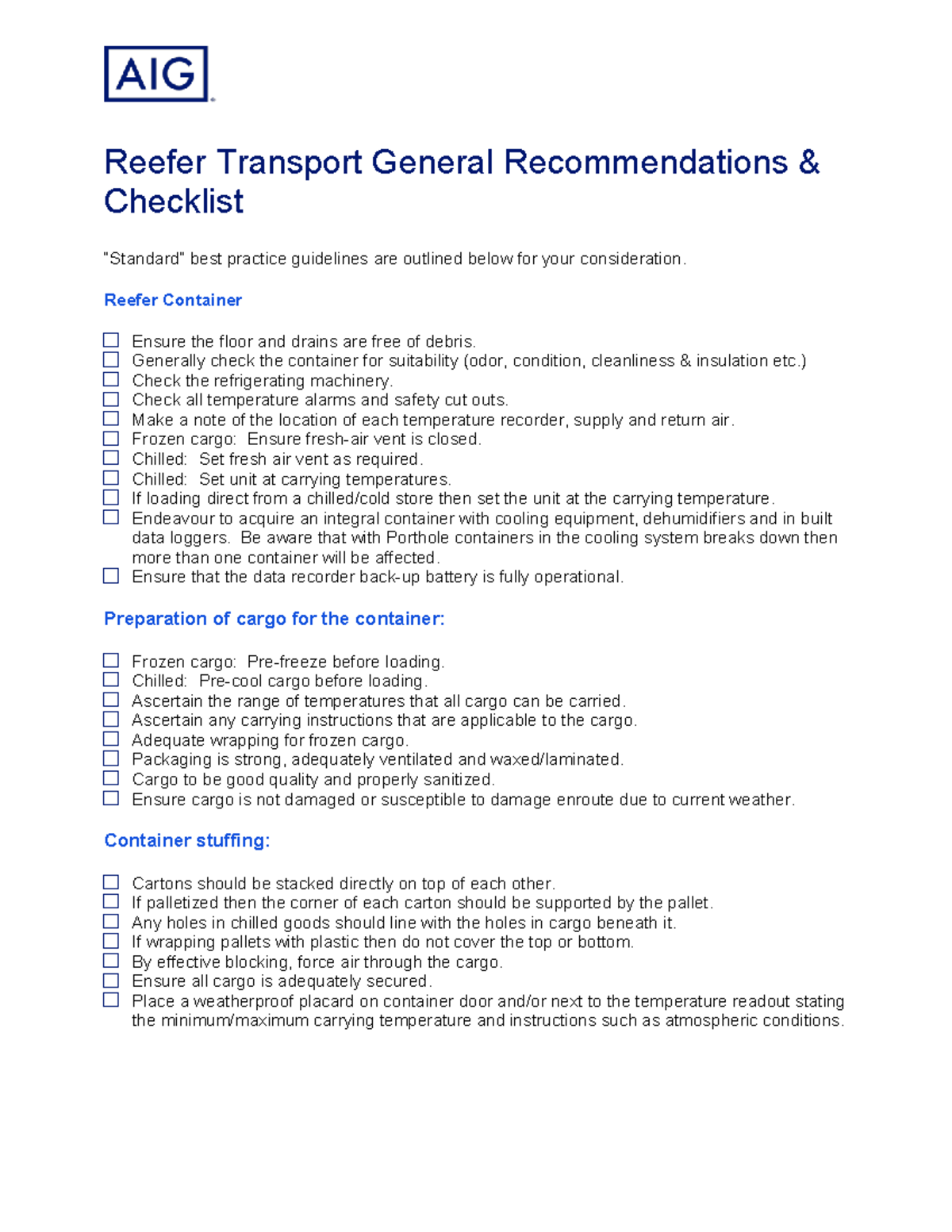 Checklist for Reefer Transport Best Practices (Container Inspection ...
