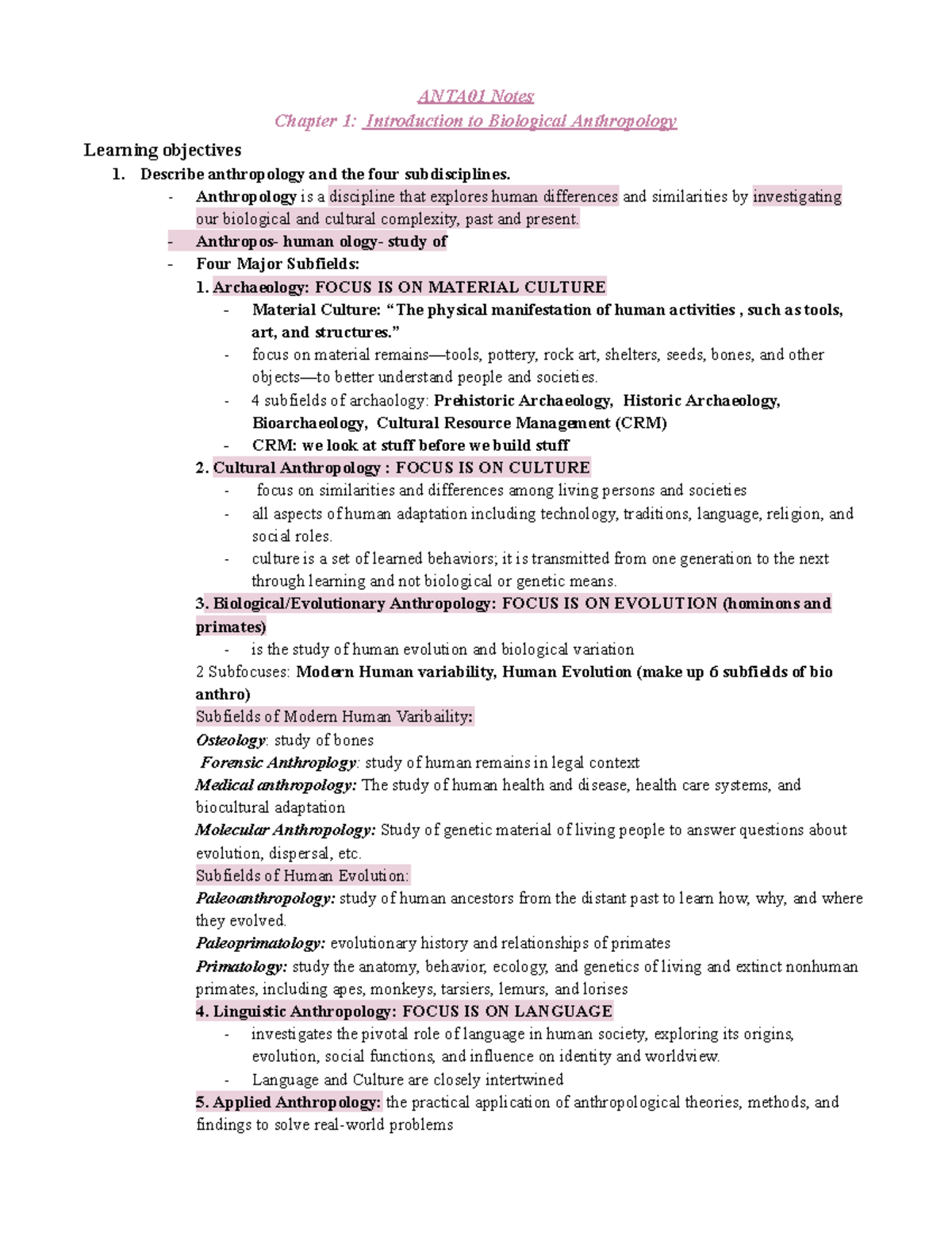 ANTA01 Notes - Midterm Summary: Introduction to Biological Anthropology ...