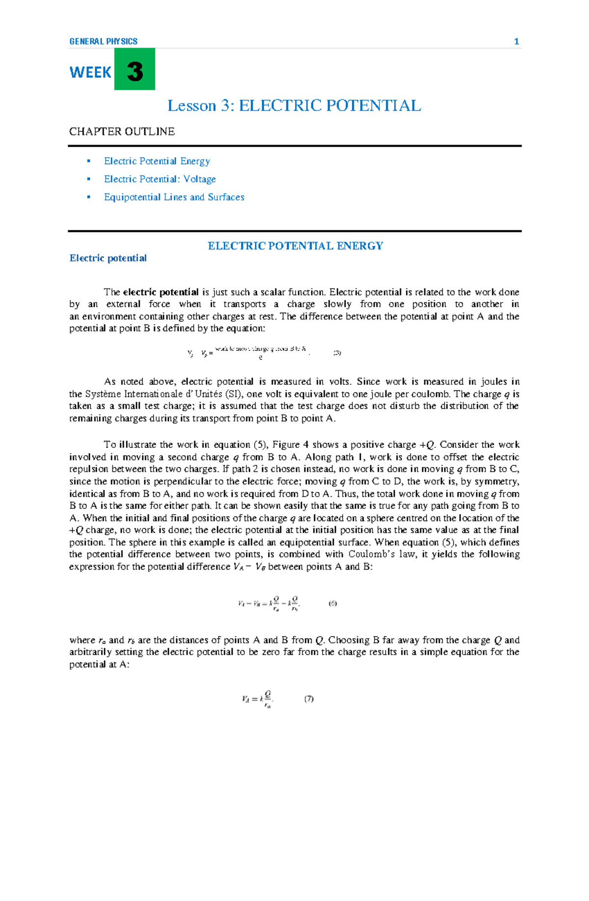 GENERAL PHYSICS 3: WEEK 3 LECTURE NOTES ON POTENTIAL ENERGY - Studocu