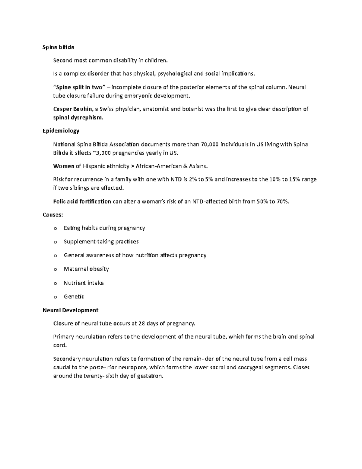 Spina Bifida - Lecture Notes on Epidemiology and Pathology - Studocu