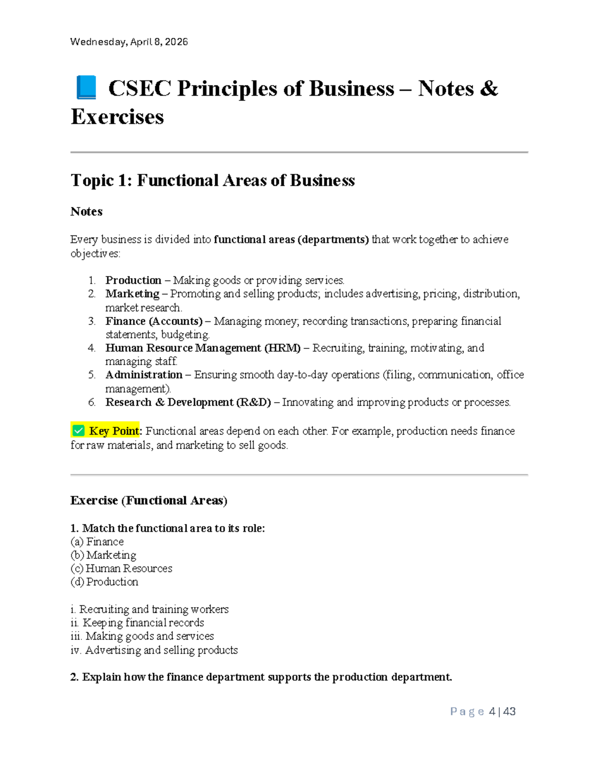 CSEC POB: Functional Areas of Business & Economic Systems Notes - Studocu