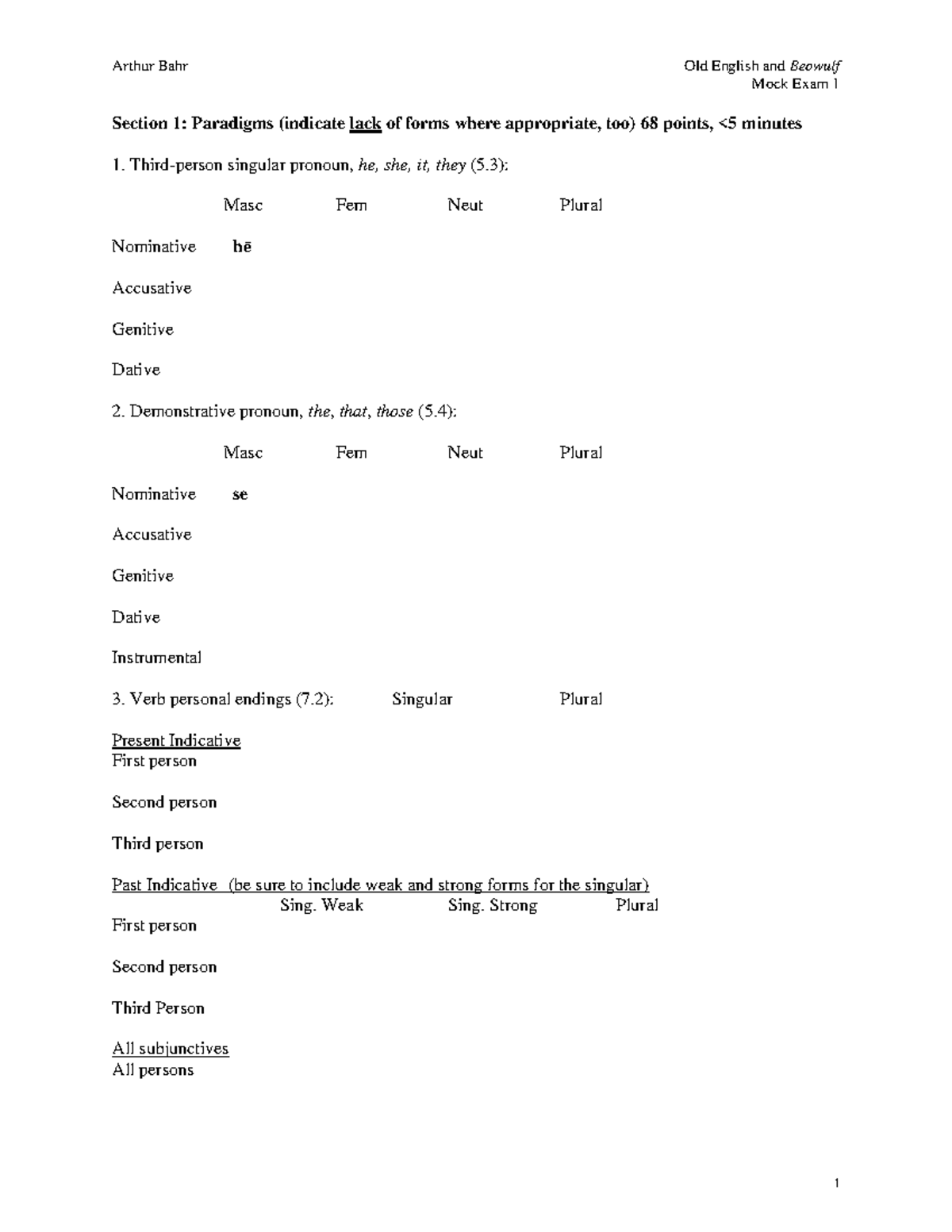 MIT 21L.601J Old English & Beowulf Mock Exam 1: Paradigms & Vocabulary ...