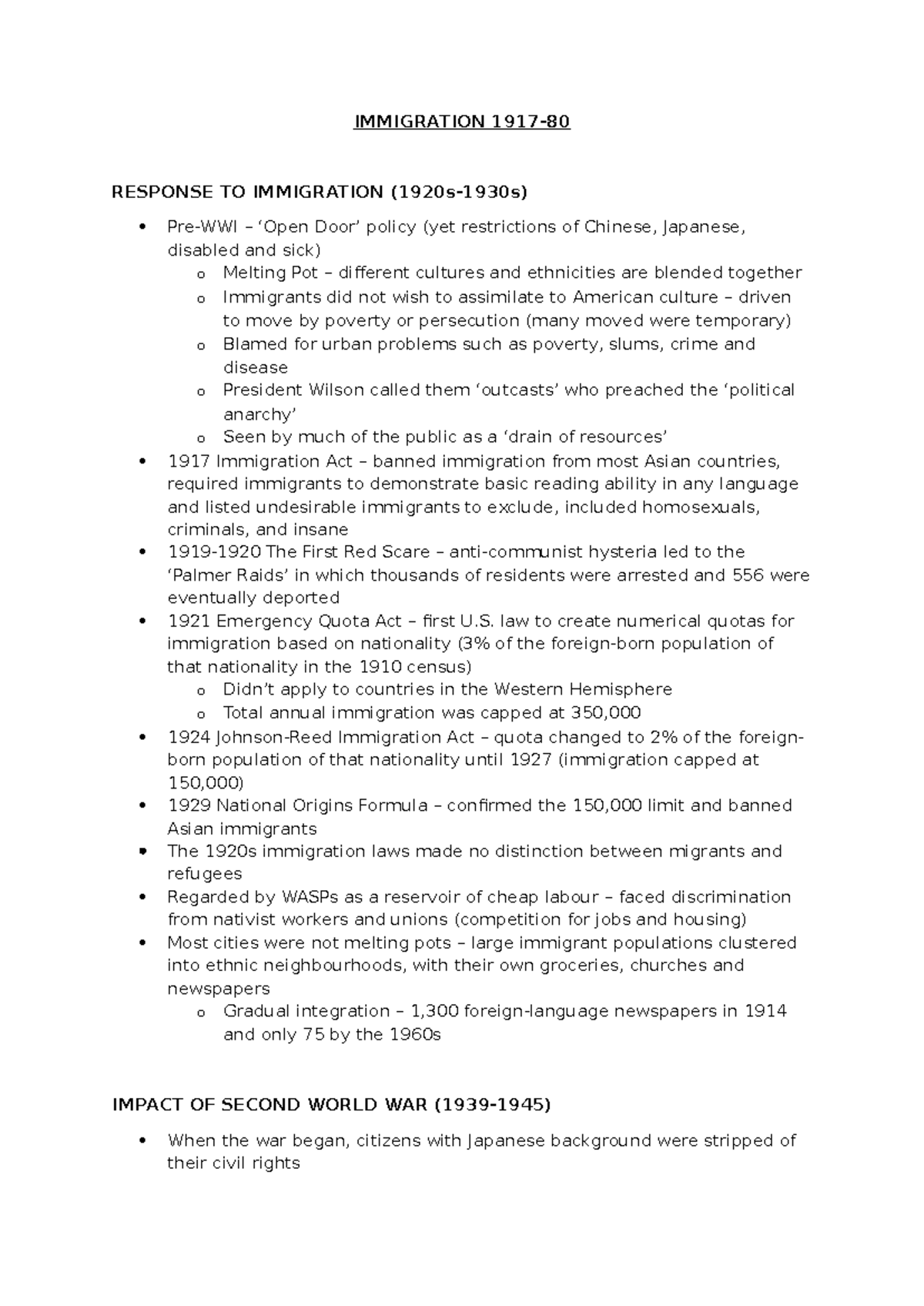 Immigration 1917-1980: Policy Changes and Social Impact Notes - Studocu