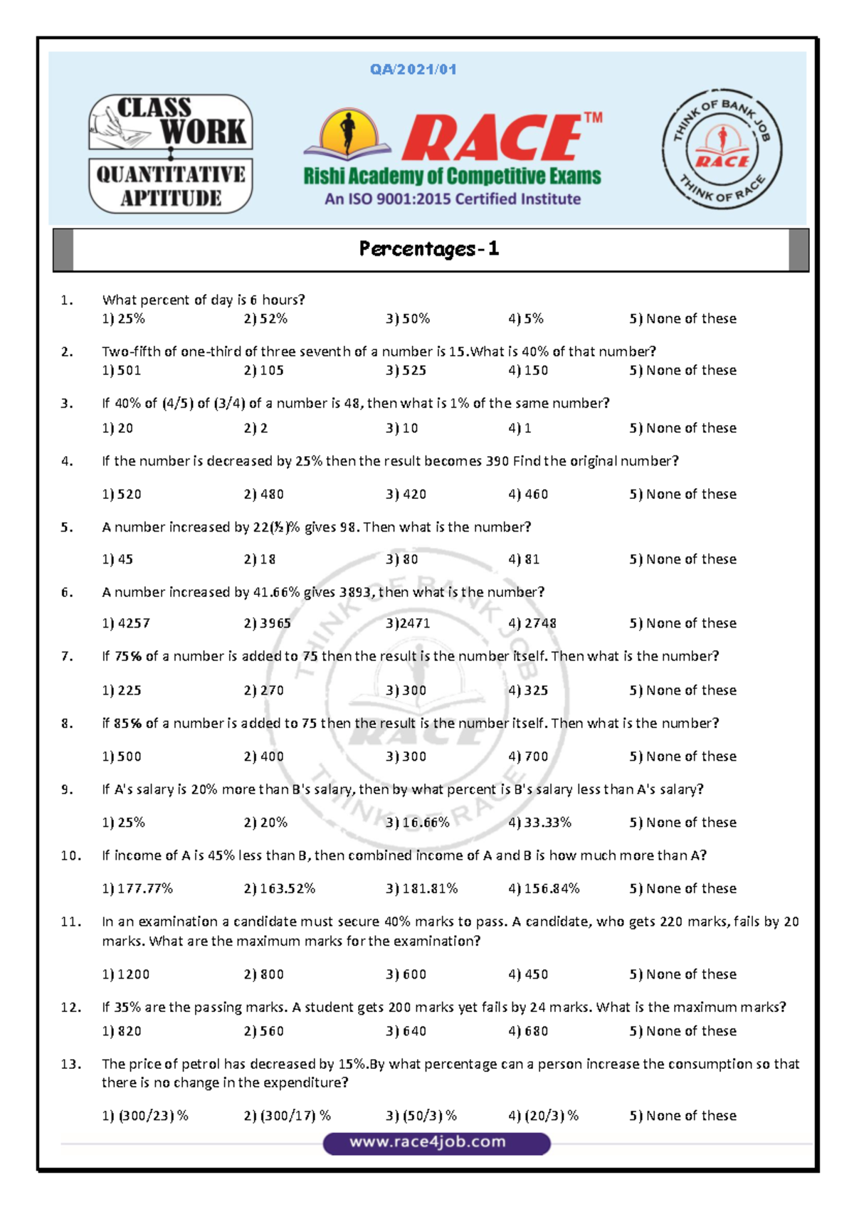 Percentages-1: Aptitude Questions & Solutions (QA/2021/01) - Studocu