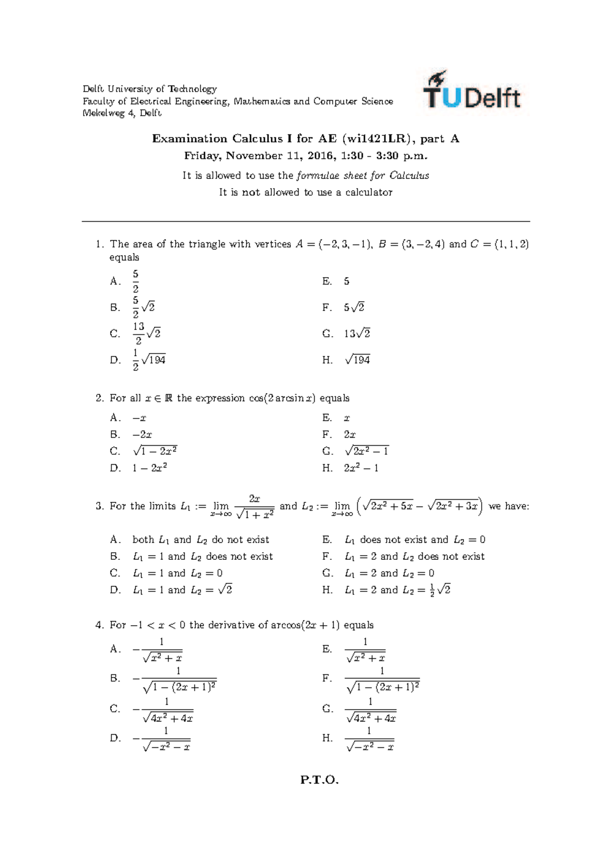 Calculus 1A Exam Answers (wi1421LR) - Part A Review - Studeersnel