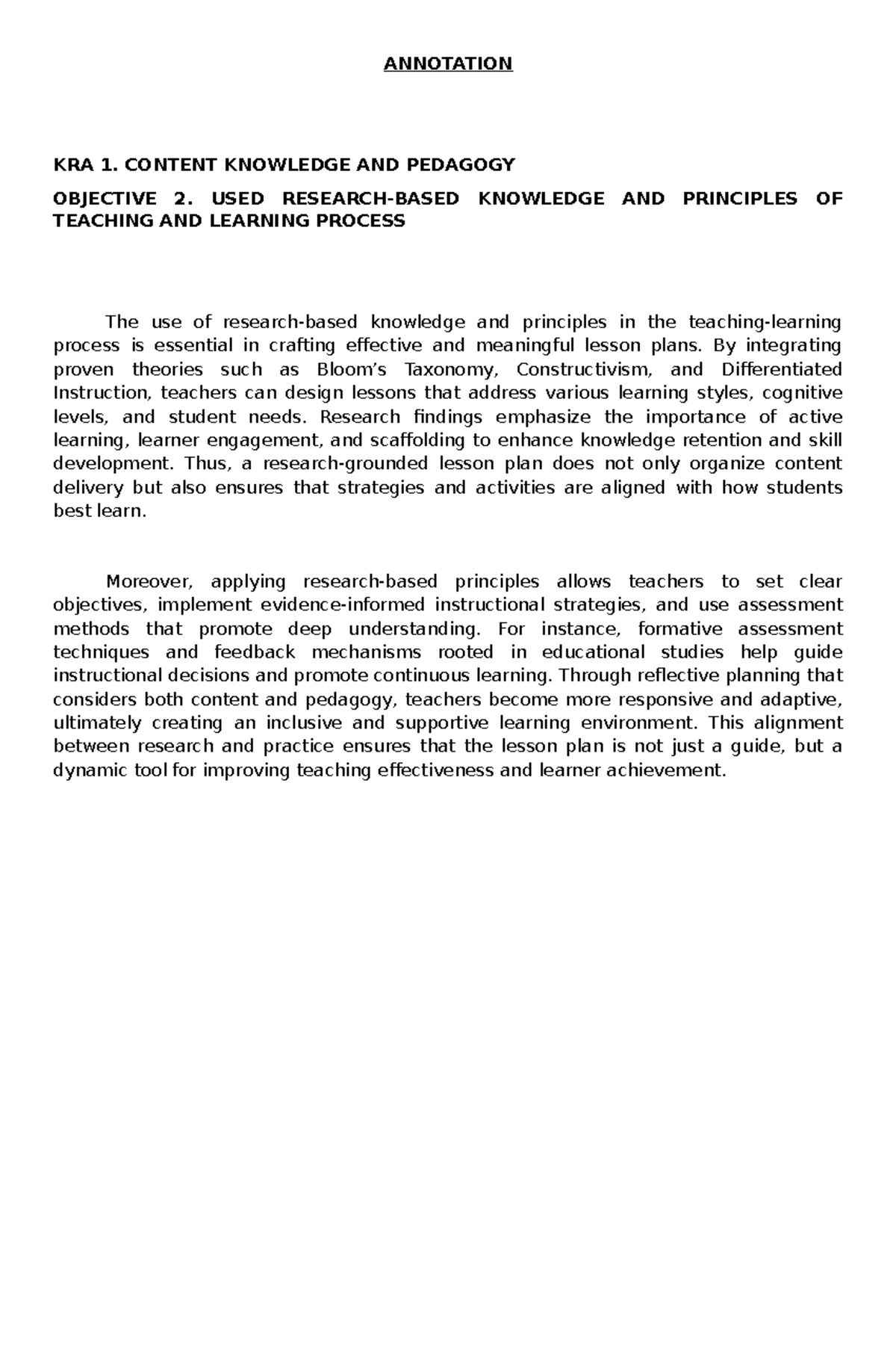 Annotation KRA 1: Content Knowledge & Pedagogy Principles - Studocu