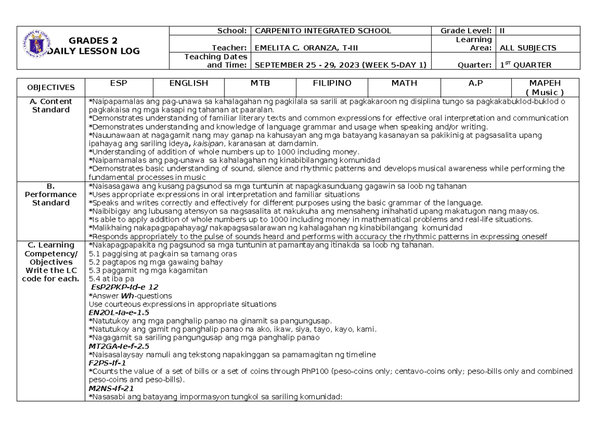 DLL ALL-Subjects Daily Lesson Log for Grade 2 (Q1 W5 D1) 2023-2024 ...