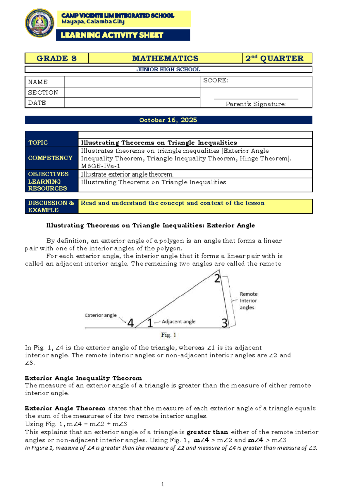 LAS-3: Grade 8 Math Learning Activity on Triangle Inequalities - Studocu