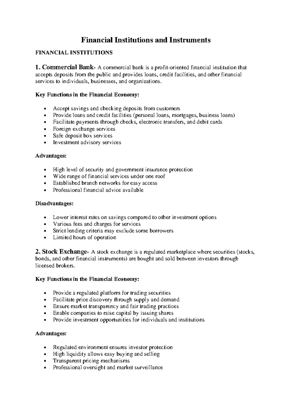 Financial Institutions and Instruments Overview - FIN 101 Handout - Studocu
