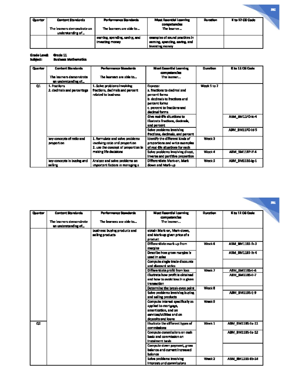580 Business Math Q1 & Q2 Content Standards and Performance ...