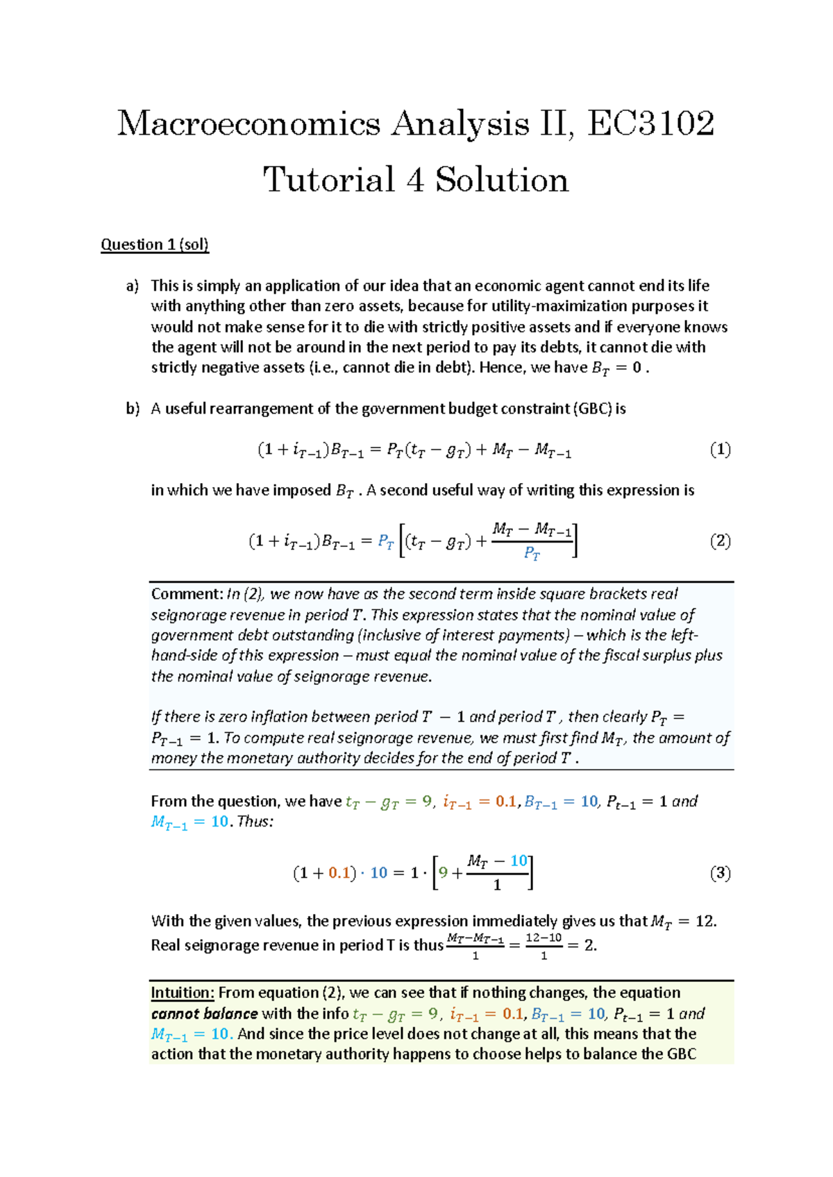 EC 2425 Macroeconomics Analysis II - Tutorial 4 Solutions - Studocu