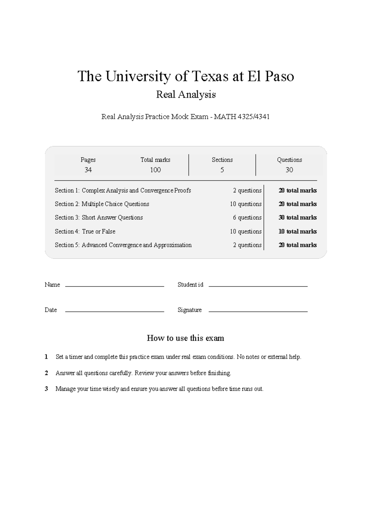 MATH 4341 Real Analysis Practice Mock Exam 2026 - UTEP Notes - Studocu