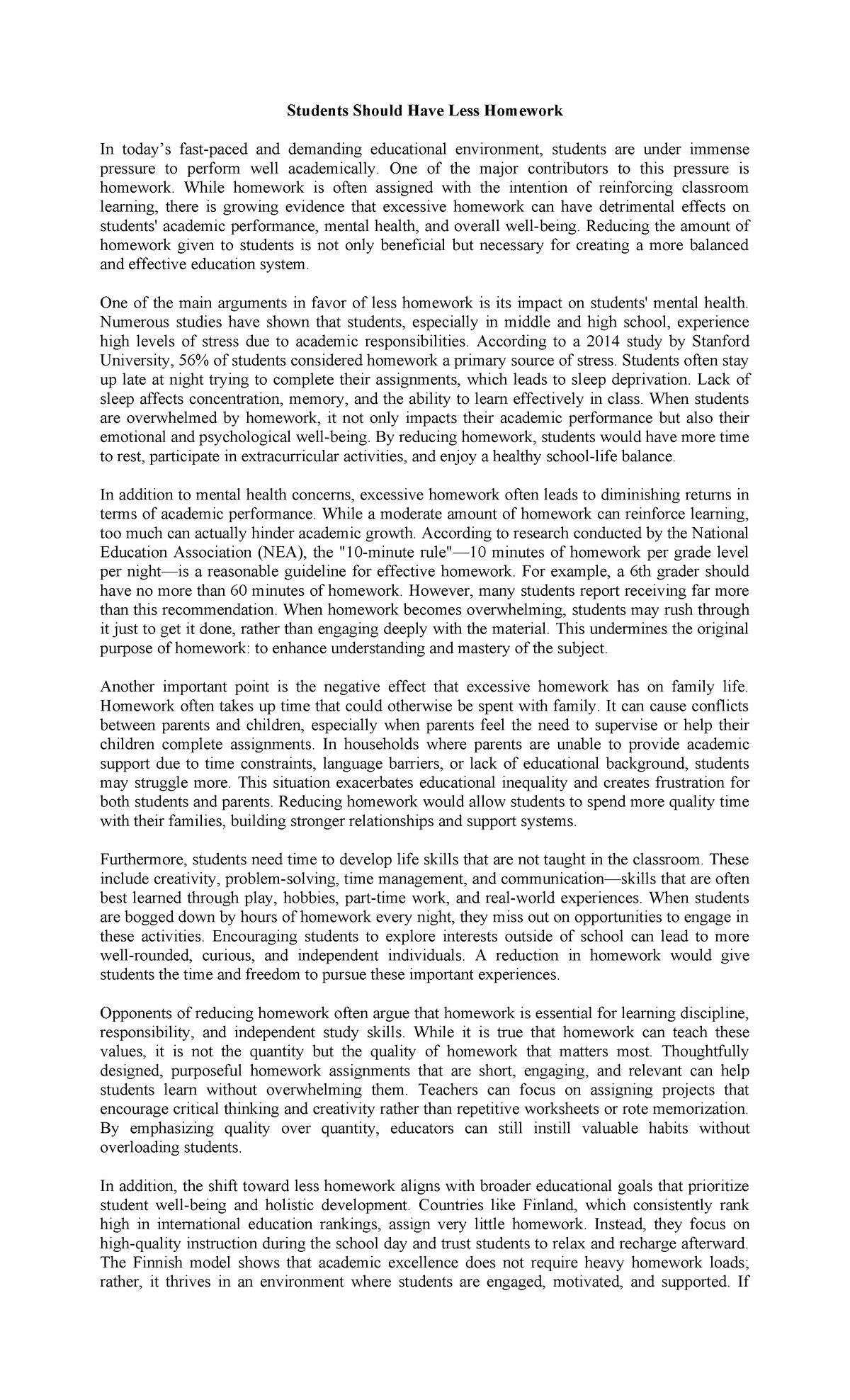 The Case for Reducing Homework: Enhancing Student Well-Being and ...