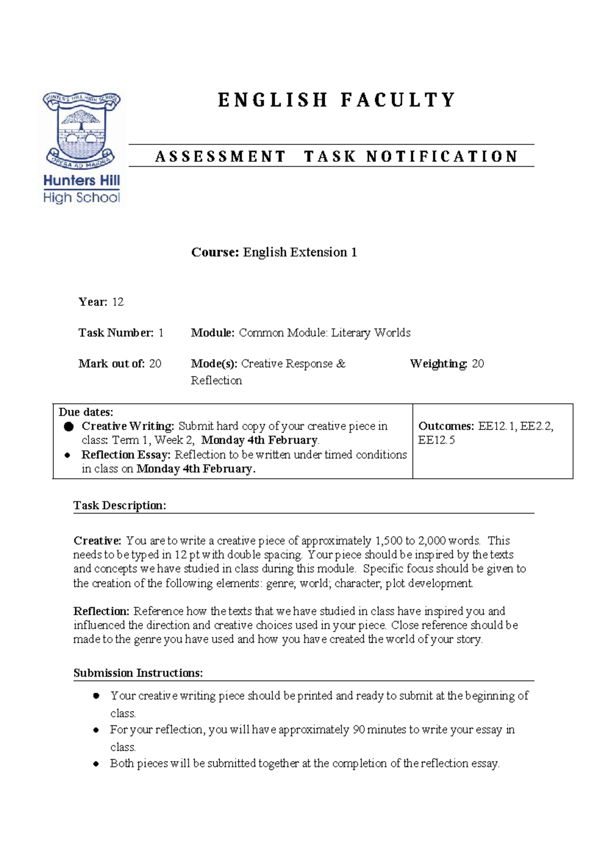 ENGLISH EXTENSION 1: Task 1 - Literary Worlds Creative Response - Studocu
