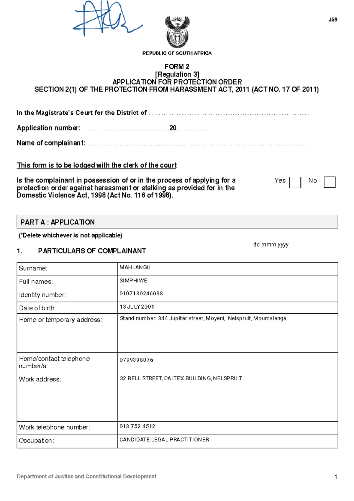 Application for Protection Order - FORM 2 (Reg 3) - South Africa - Studocu