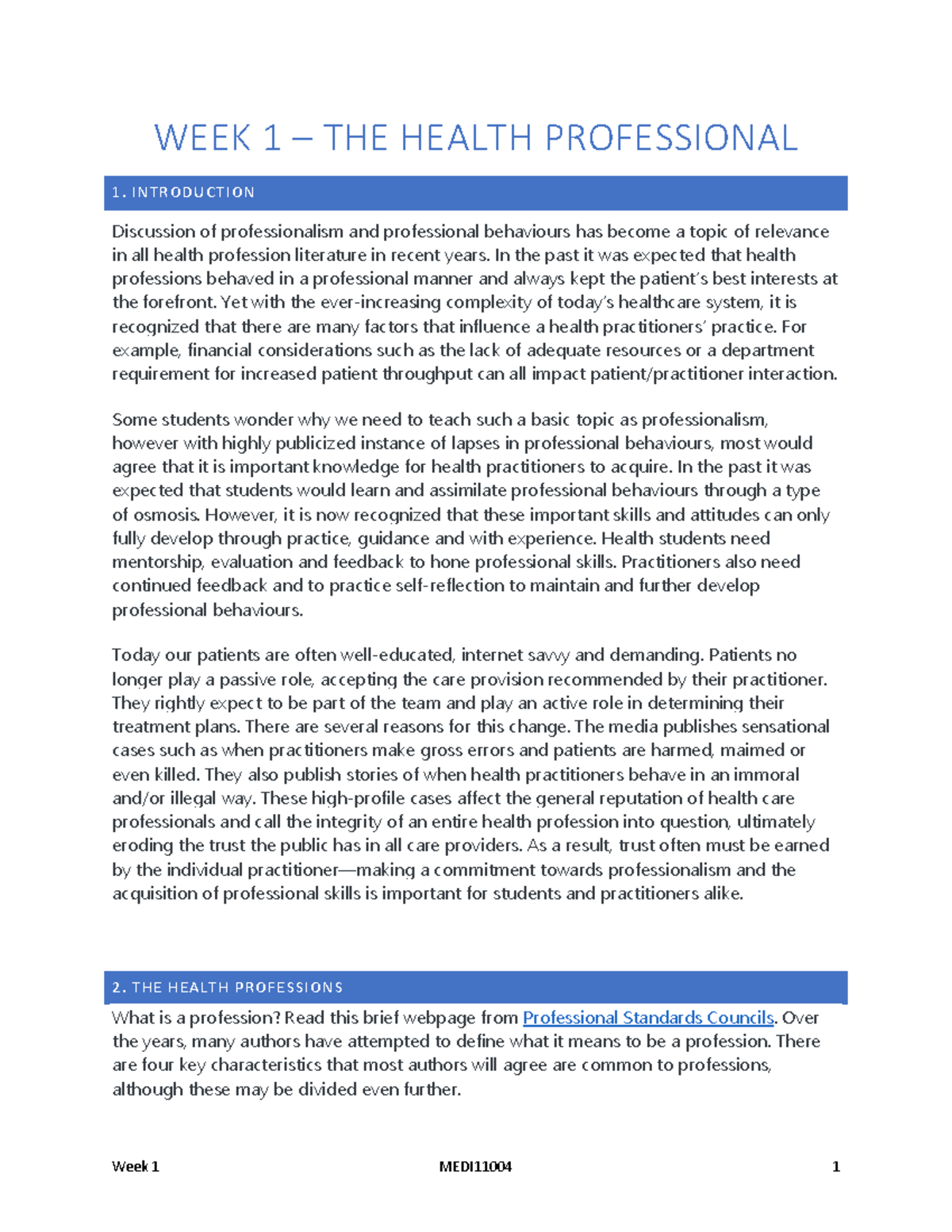Week 1 Study Guide: Understanding Professionalism in MEDI11004 - Studocu