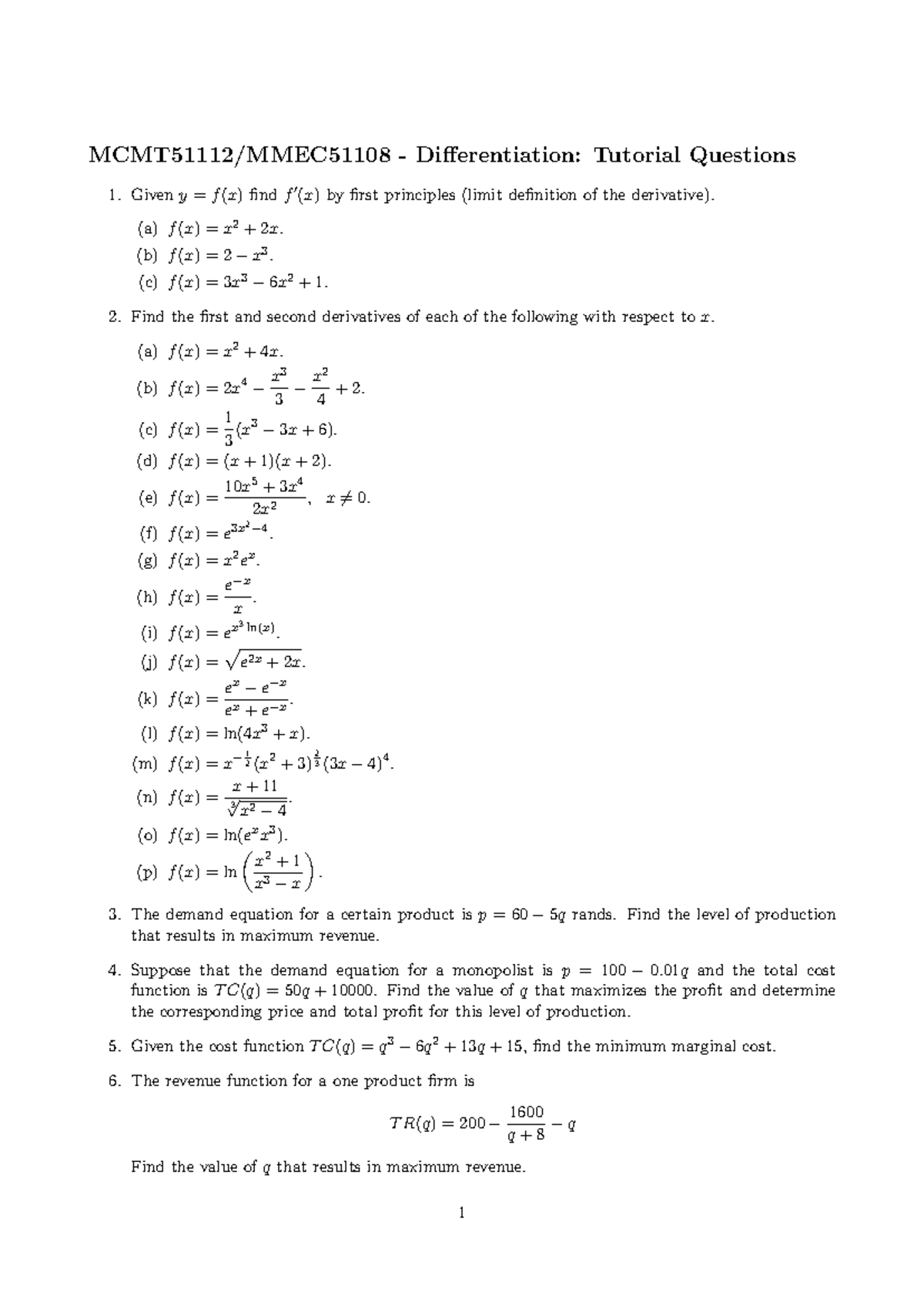 Differentiation Problem Set: Tutorial Questions and Solutions - Studocu