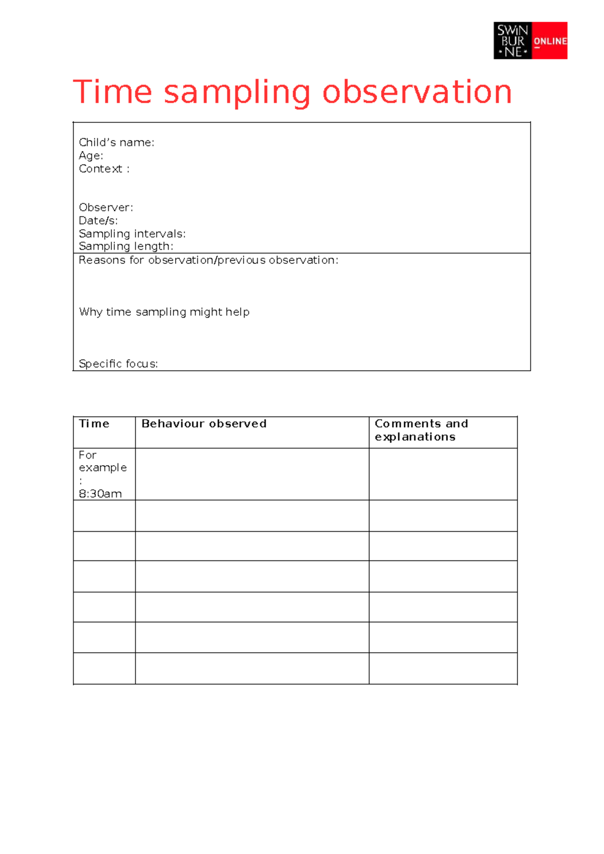Time sampling template - EDU10002 - Time sampling observation Child’s ...