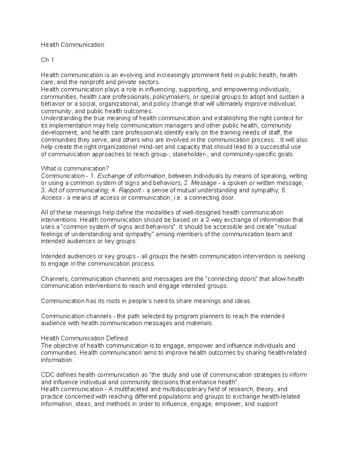 Health Communication CH 1: Understanding Its Role and Impact - Studeersnel