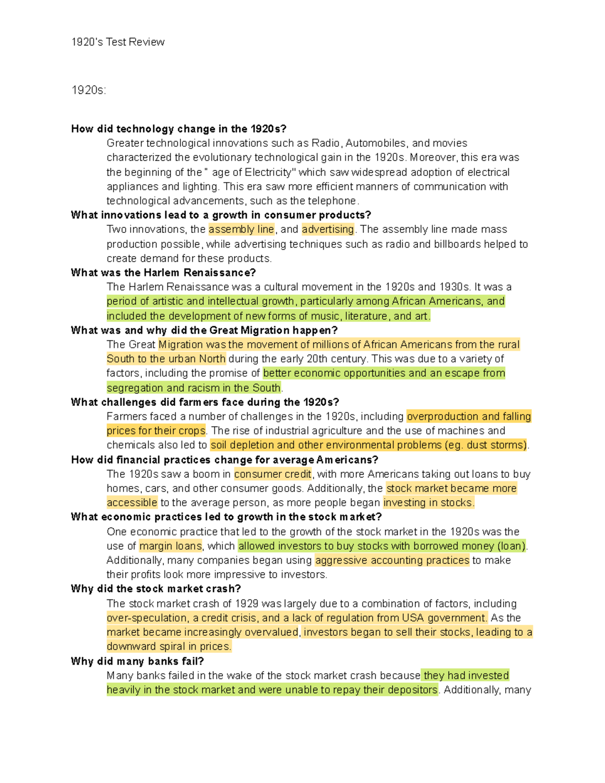 1920s-30s: Key Events & Innovations Test Review - Studocu