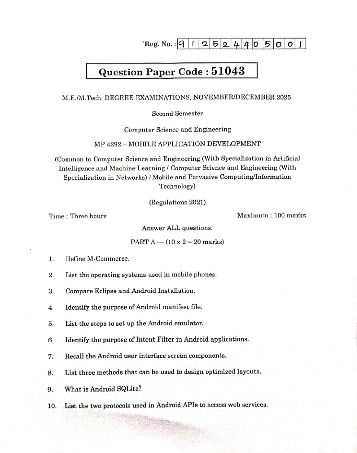 MP4292 Mobile Application Development - Question Paper 2025 - Studocu