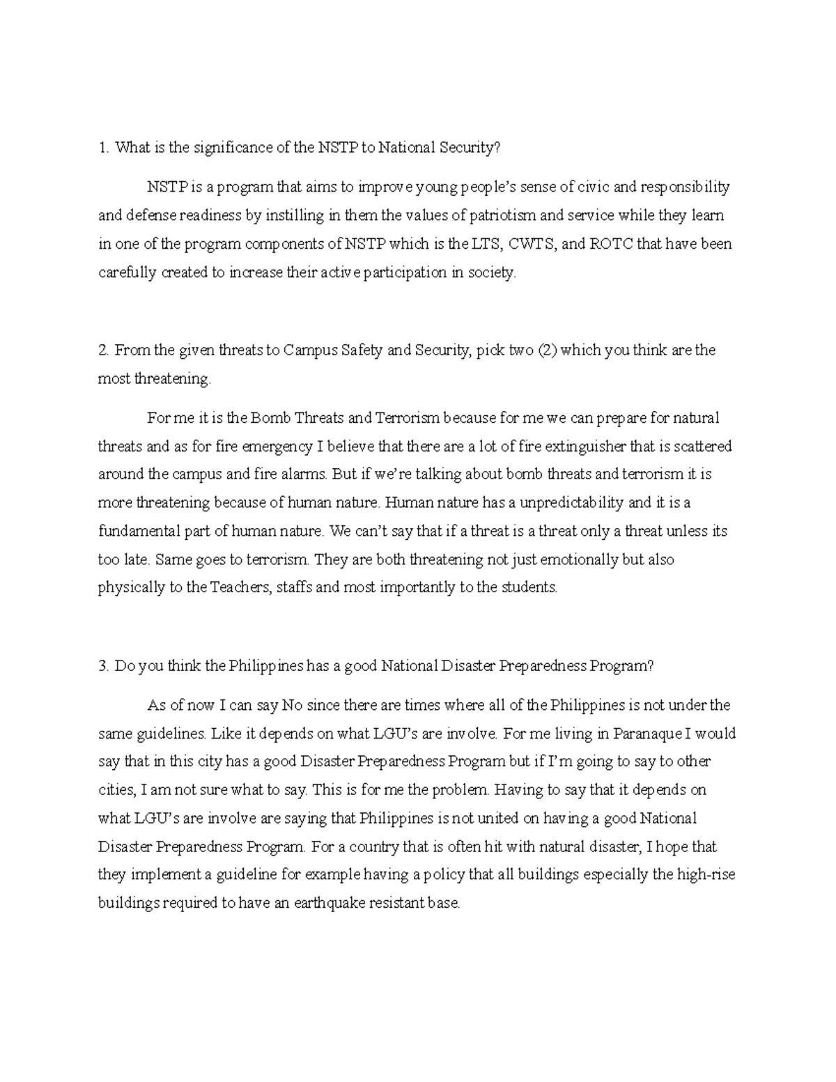 NSTP QUIZ - Questions and Answers on National Security & Disaster ...
