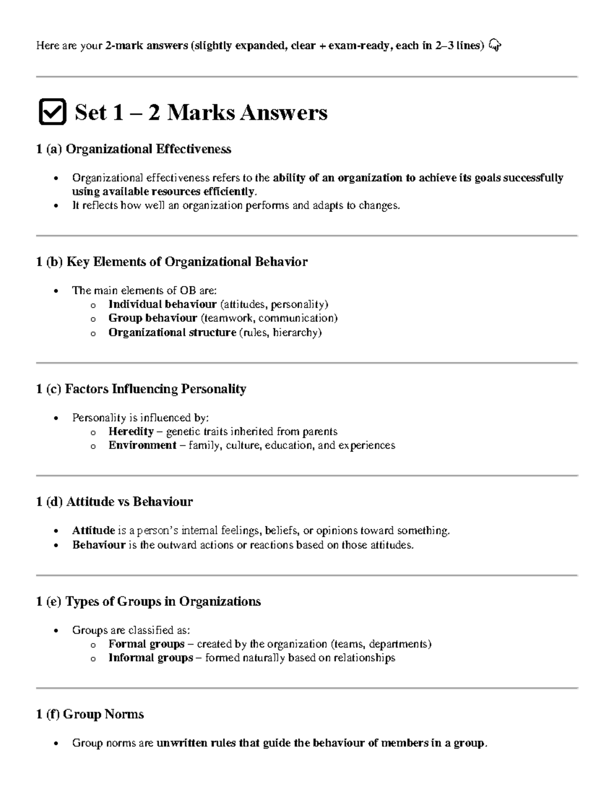 Organizational Behavior Insights: Set 1 & 2 Answers for Exam Prep - Studocu