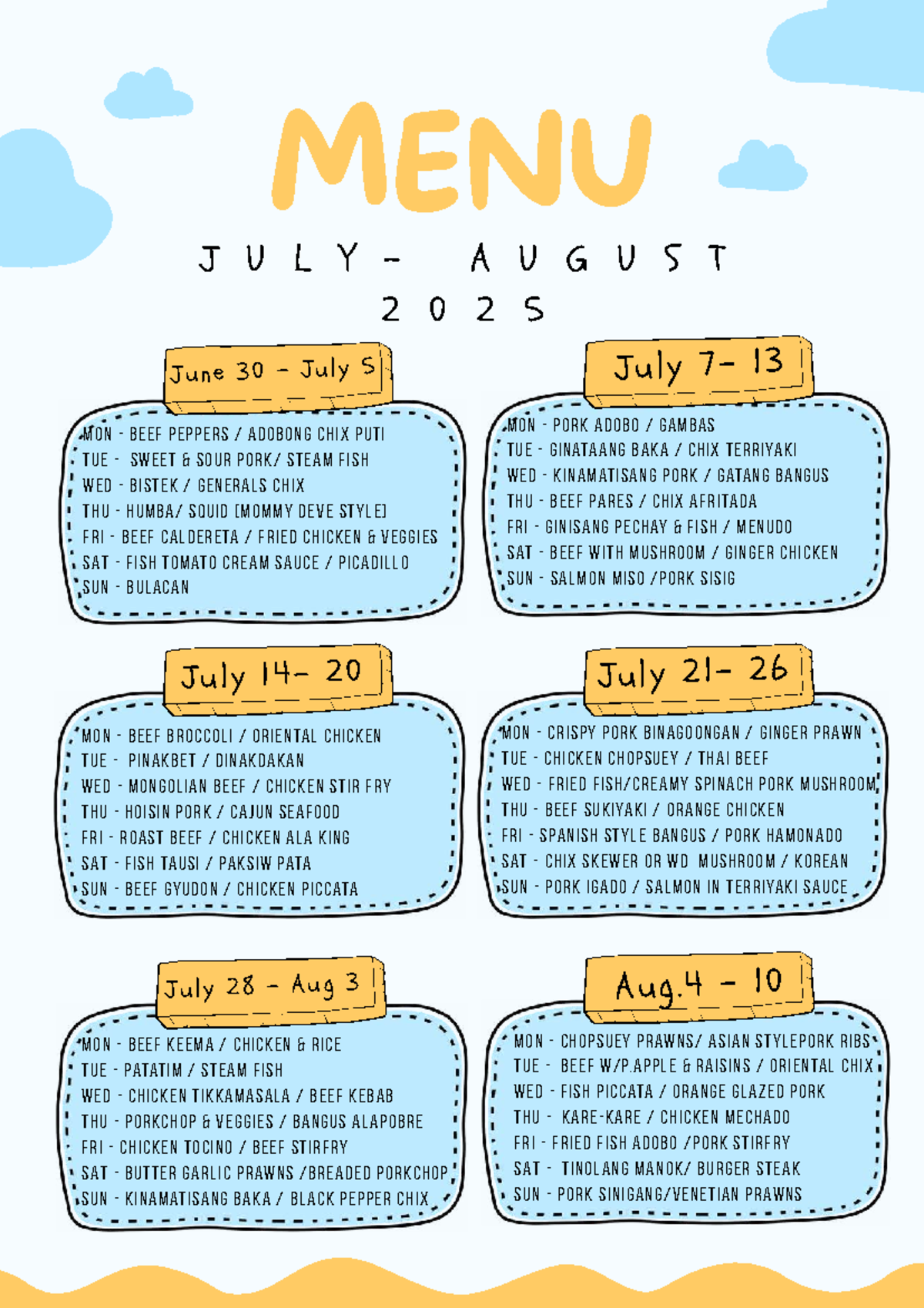 MENU JULY 2025 - Daily Meal Plan - Studocu