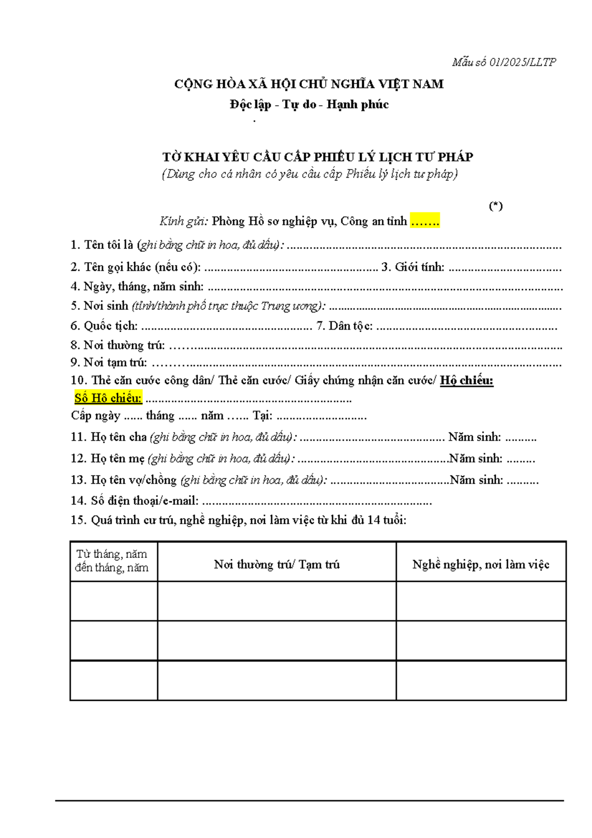 Mẫu Tờ Khai Yêu Cầu Cấp Phiếu Lý Lịch Tư Pháp LLTP 2025 - Studocu