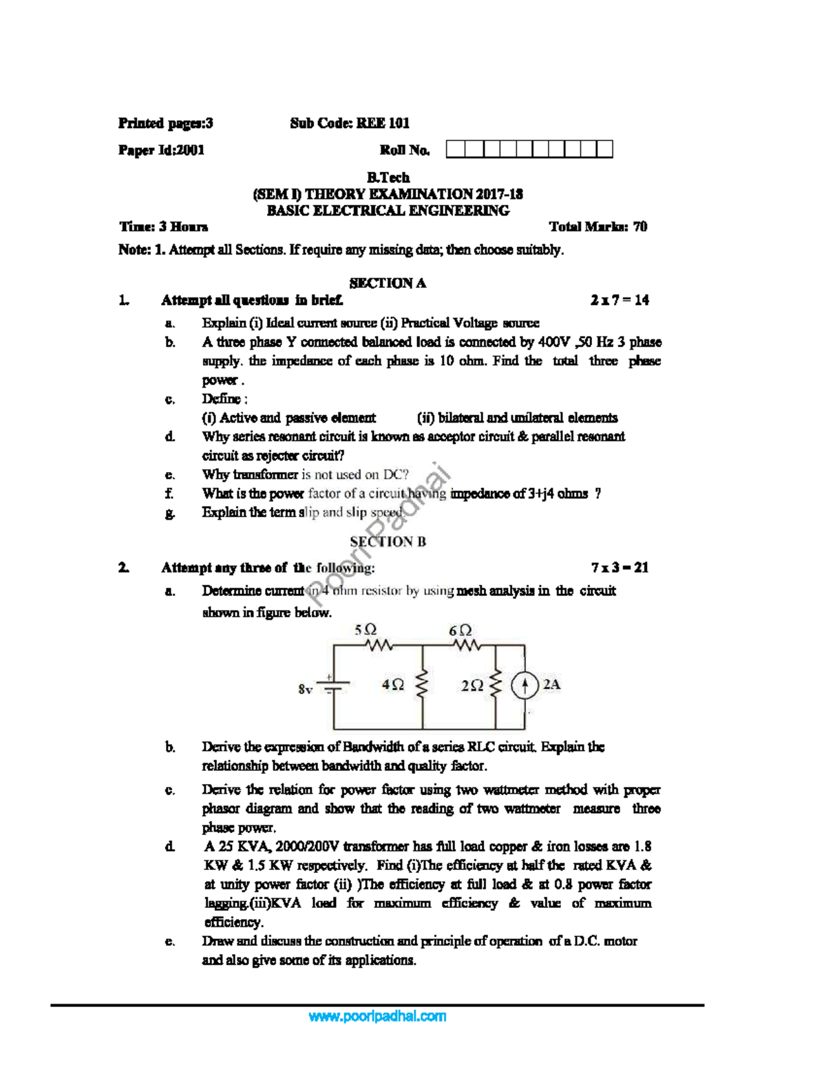 B.Tech (SEM I) REE 101: Basic Electrical Engineering Exam Paper 1d ...