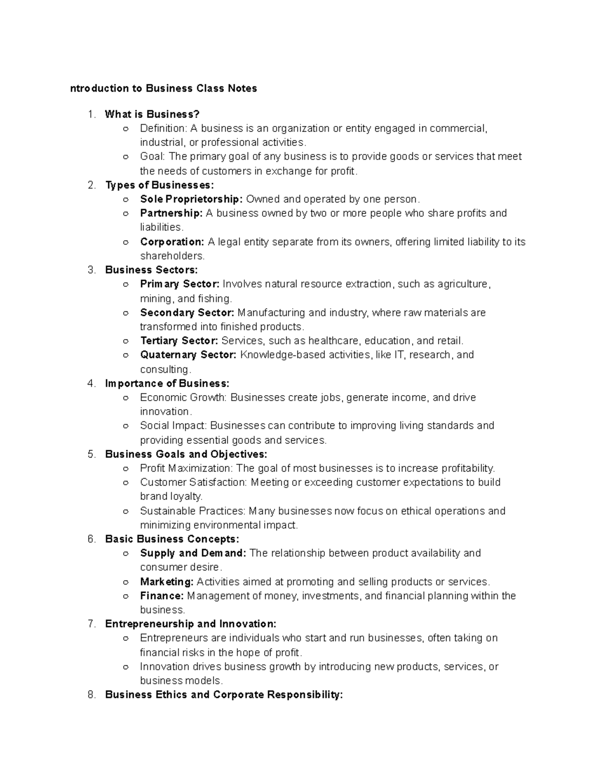 Ntroduction to Business Class Notes - ntroduction to Business Class ...