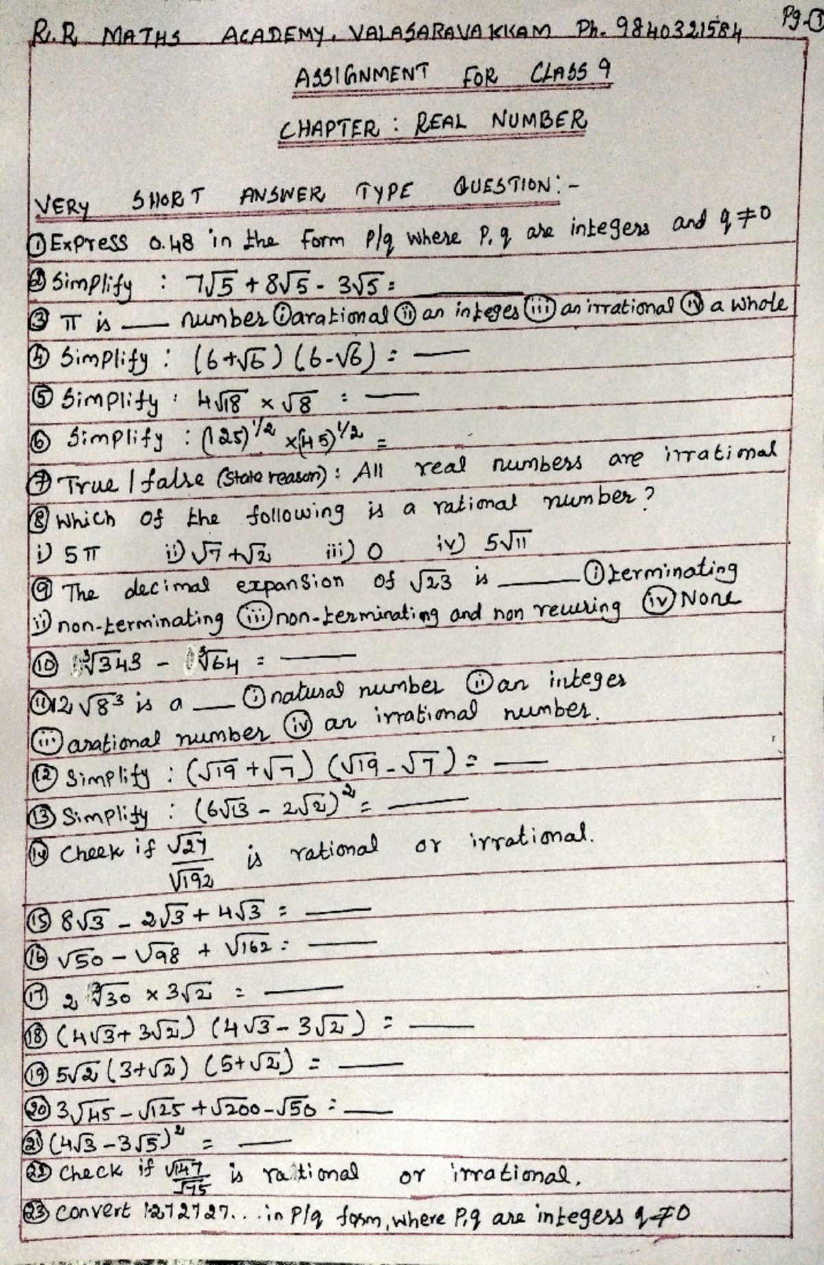 9A Numsys 1 Mark Set - Math Number System Assignment - Studocu