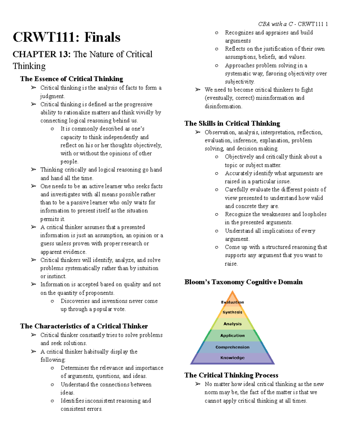 CRWT111 Finals: Understanding Critical Thinking and Its Characteristics ...
