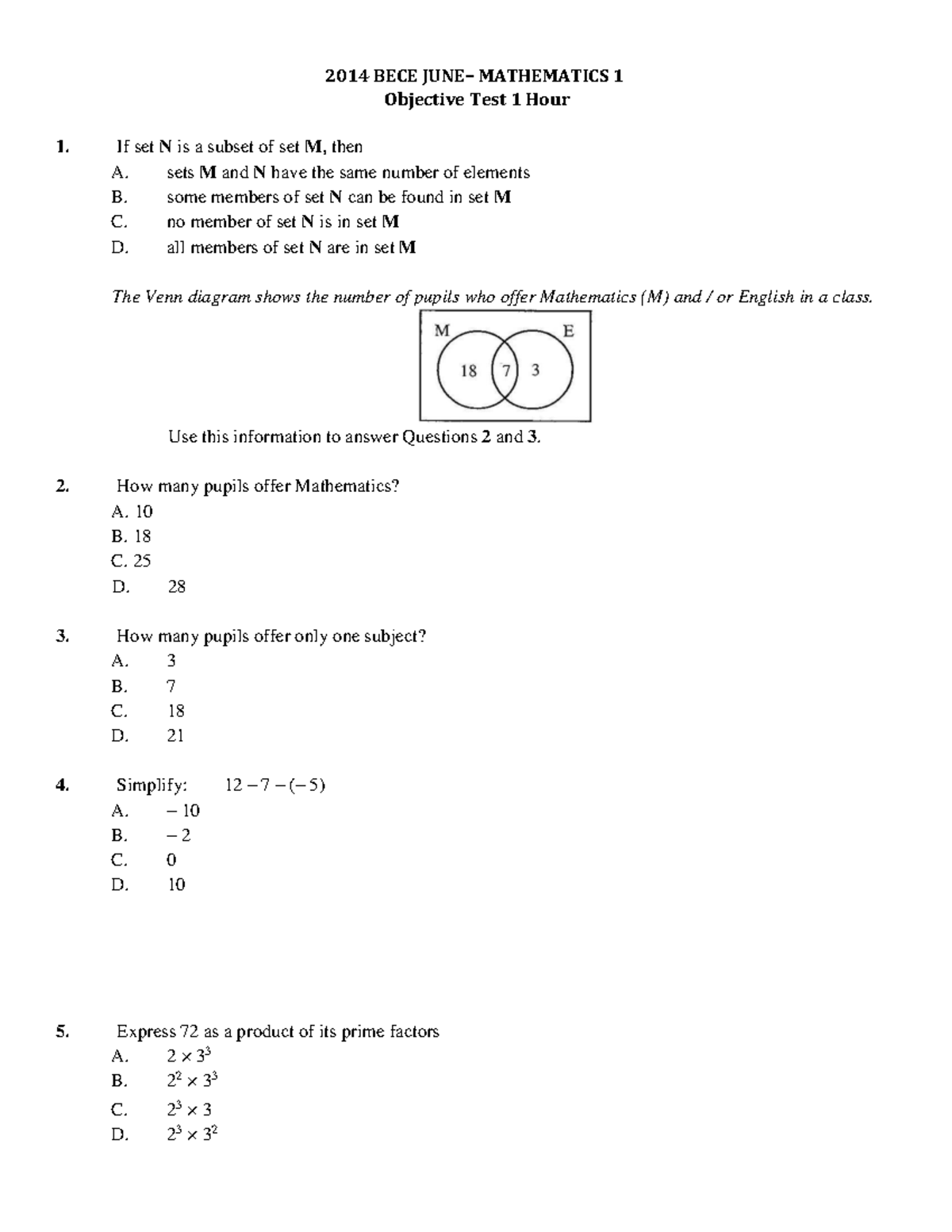 2014 BECE JUNE - MATHEMATICS 1 OBJECTIVE TEST QUESTIONS - Studocu