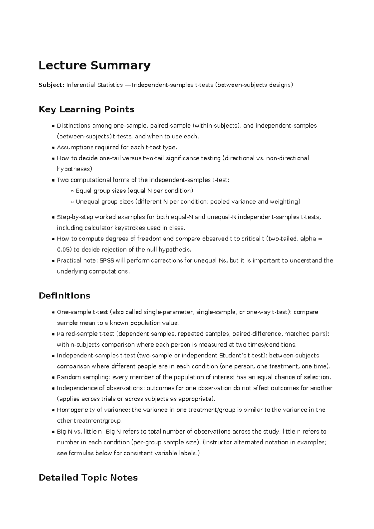 Lecture Summary: Inferential Statistics - Independent-samples t-tests ...