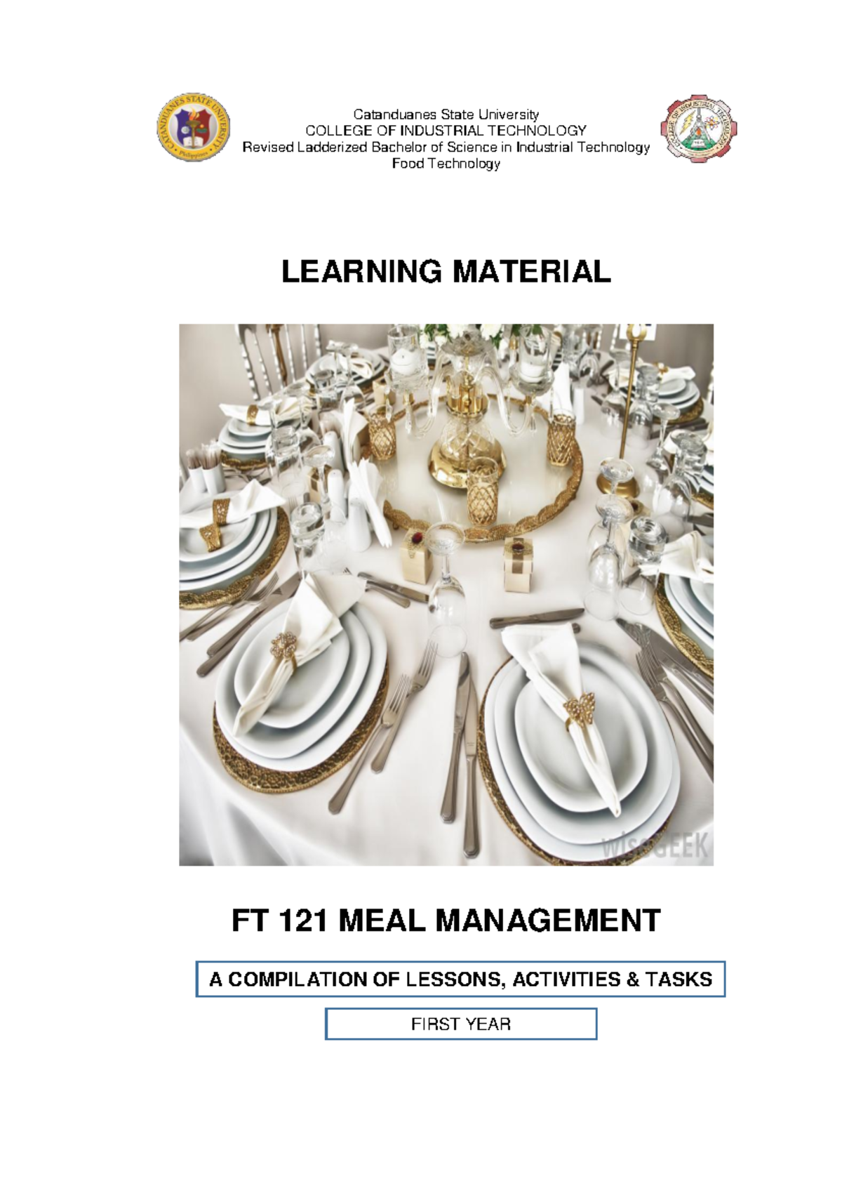 Learning Material FT 121: Meal Management (Midterm Coverage) - Studocu