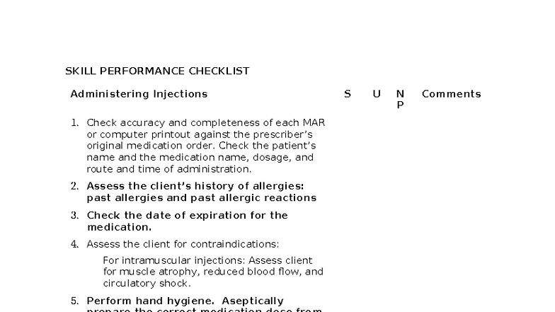 Administering IM Injections: Skill Performance Checklist W25 - Studocu