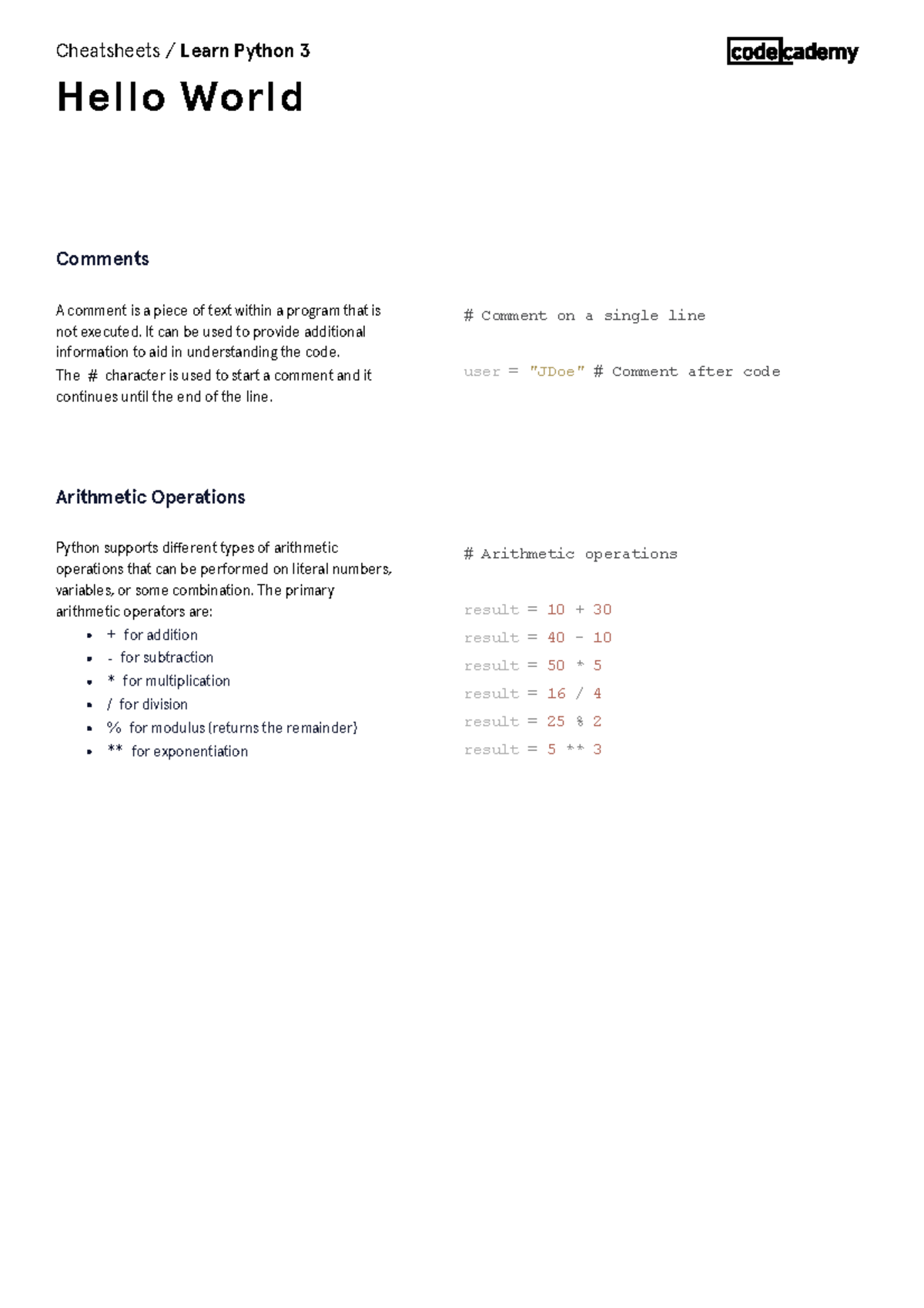 Learn Python 3: Hello World & Comments Cheatsheet (Codecademy) - Studocu